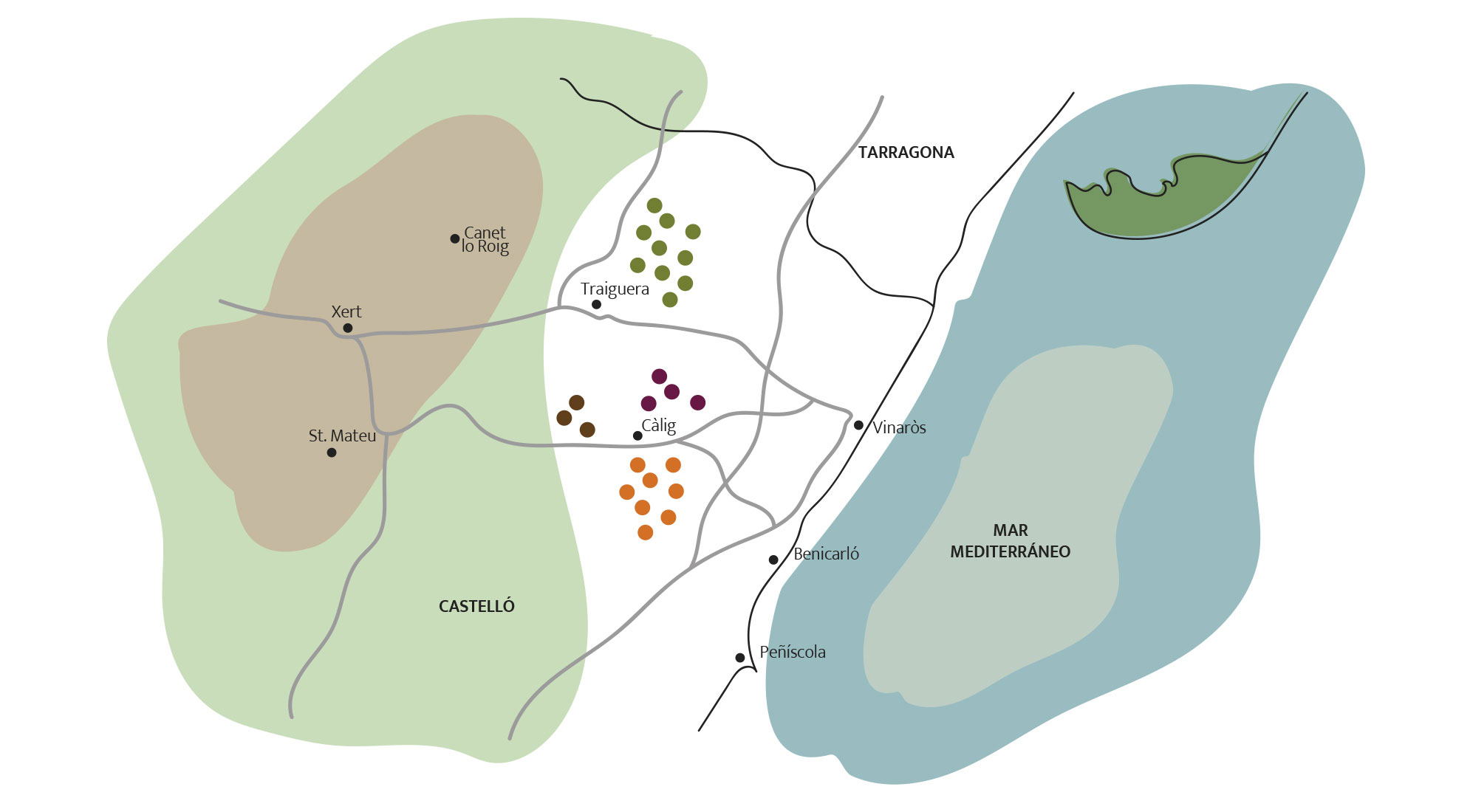 Mapa il·lustrat de la comarca amb la distribució dels cultius de Pobill Ecològics: tarongers, oliveres, vinya i garrofers
